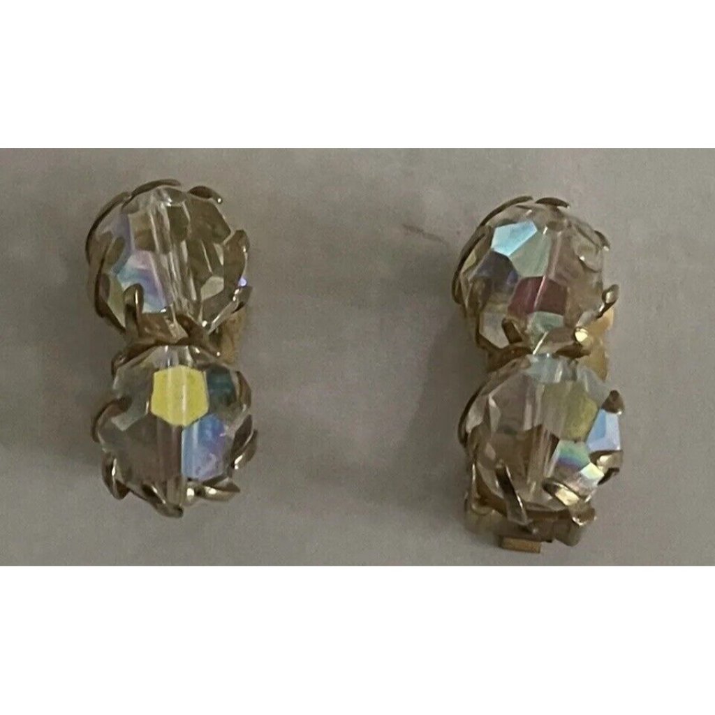 Vintage Earrings Signed Alice Caviness Ab Aurora Borealis Clip On